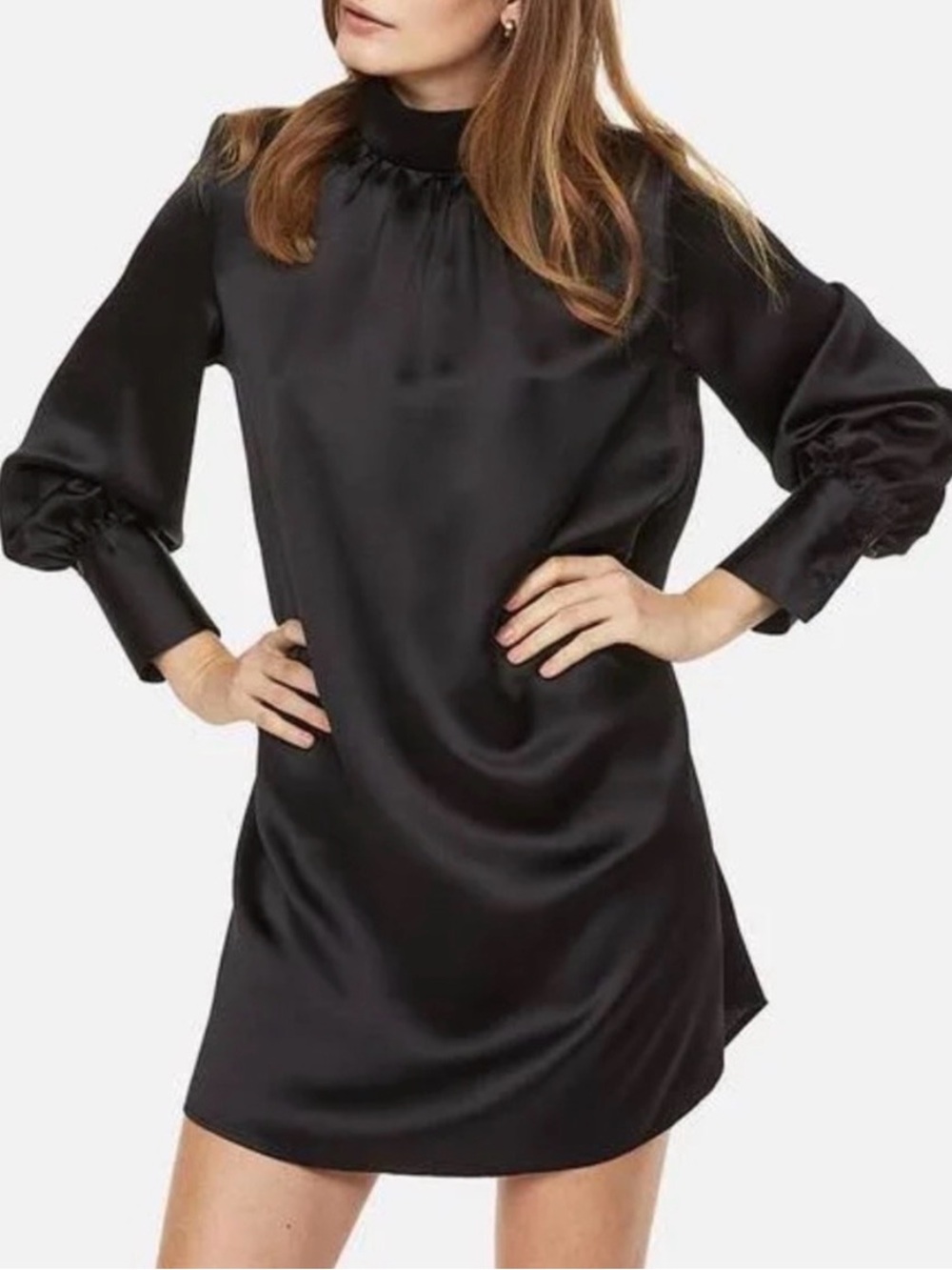 H&M Black Satin High-Neck Mini Dress with Puff Sleeves (NWT!)